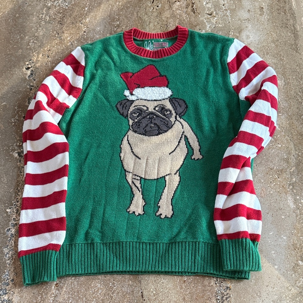 Green and Red Pug Christmas Sweater